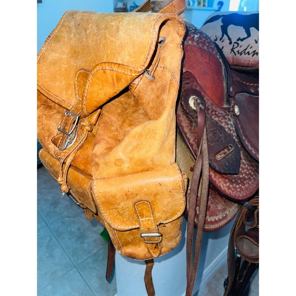Vintage Distressed Leather Rucksack Backpack Boho Festival Utility Camel